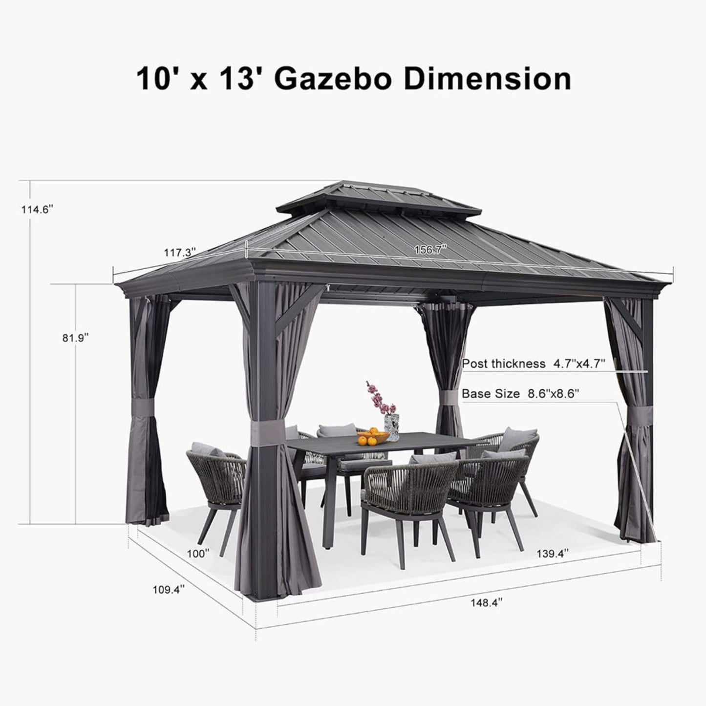 10ft X 13ft Alora Large Premium Outdoor Hardtop Aluminum Gazebo With Galvanized Steel Double Roof (SAK74826)