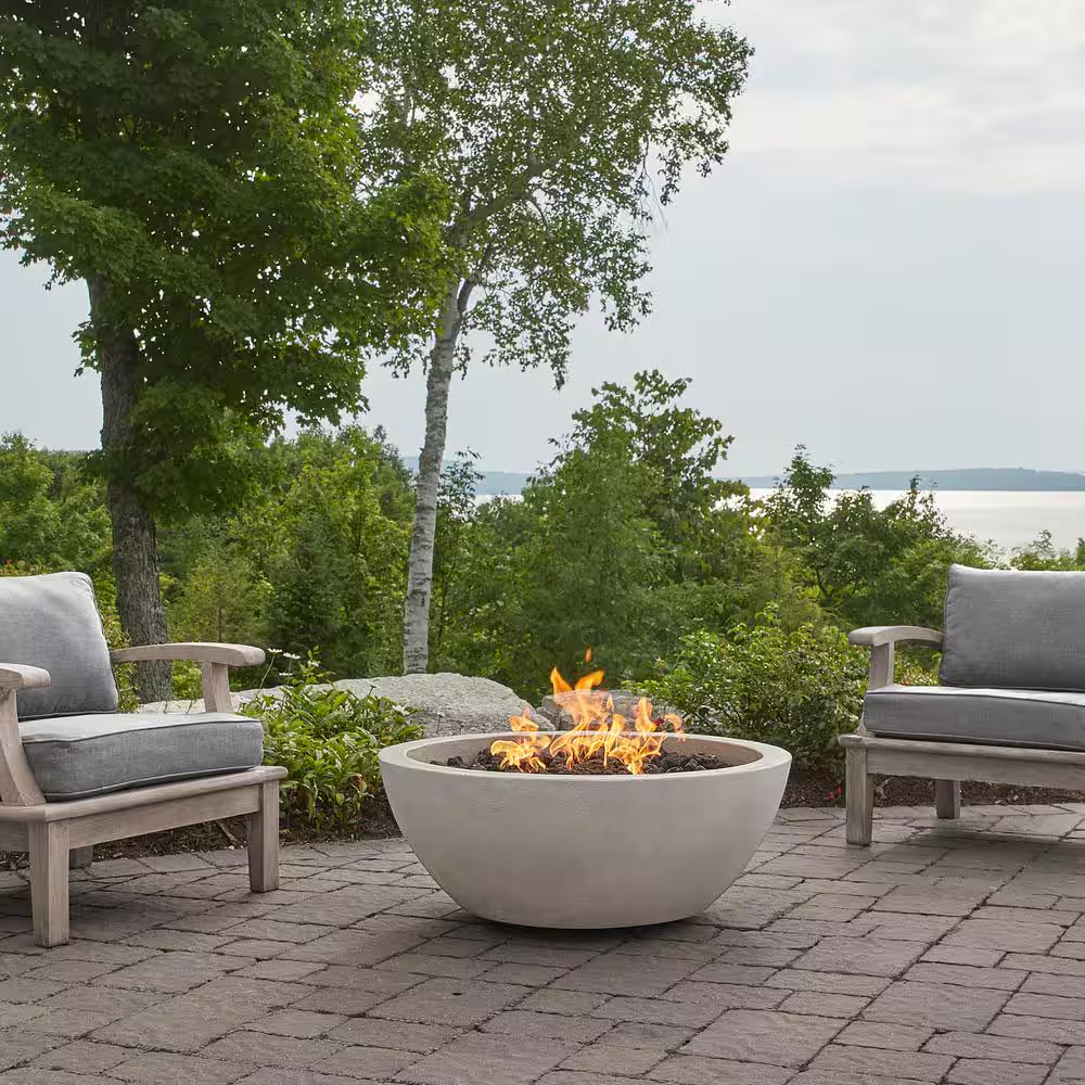 Pompton 38 In. round Concrete Composite Propane Fire Pit in Fog with Vinyl Cover
