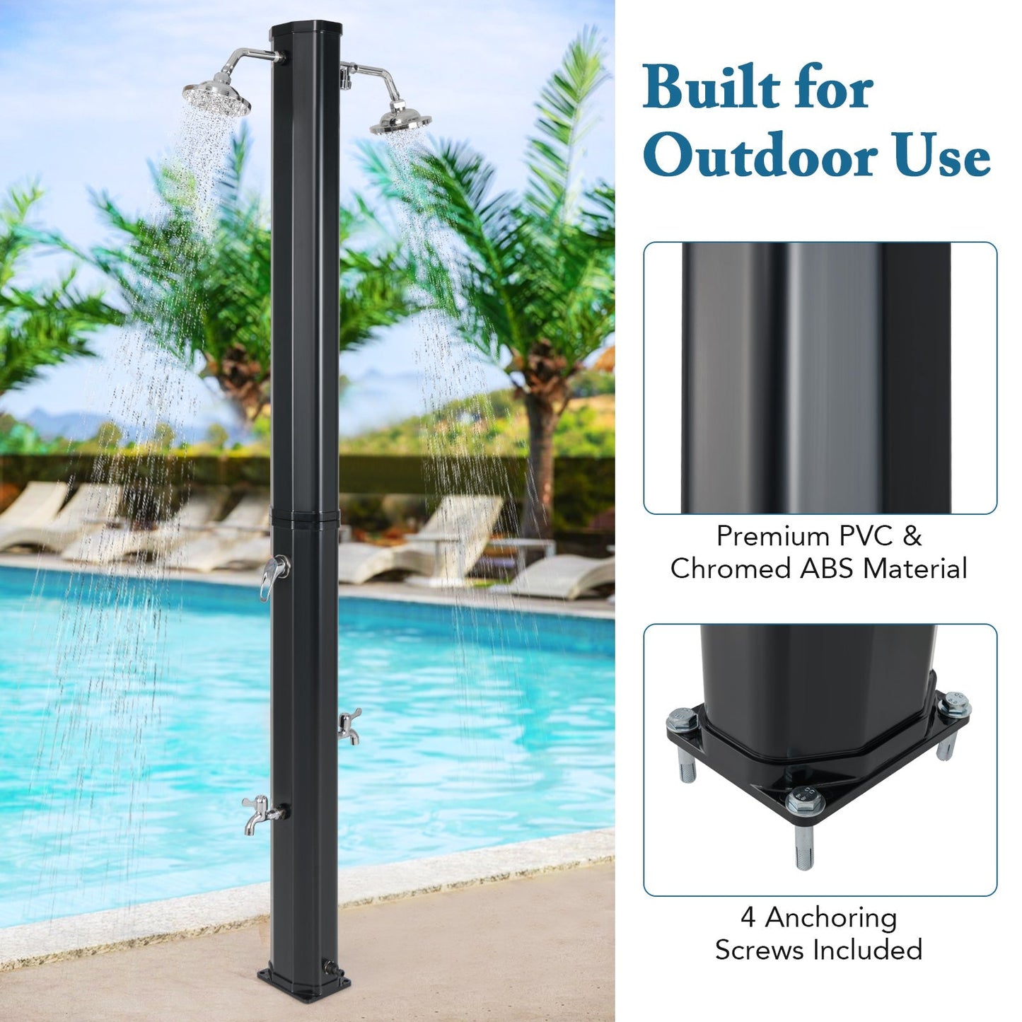 9.3-Gallon Solar Heated Outdoor Shower with Dual Swivel Heads & Foot Wash (Black)