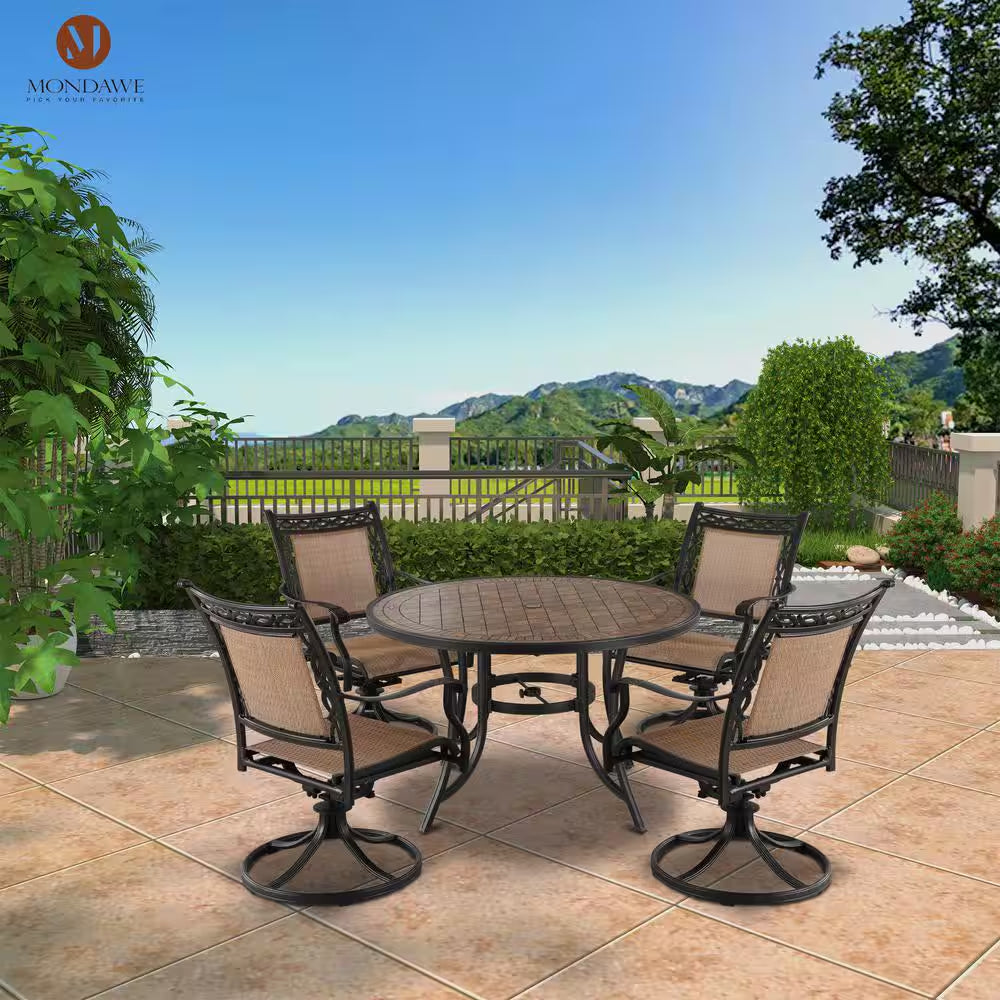 Classic 5-Piece Cast Aluminum Outdoor Dining Set with Swivel Sling Chairs & Ceramic Tile Top Table
