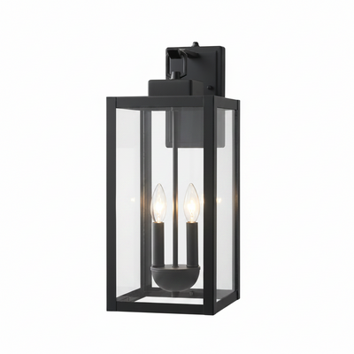 2-Light 20.25 In. Black Dusk to Dawn Outdoor Hardwired Wall Lantern Sconce with Clear Tempered Glass, No Bulbs Included