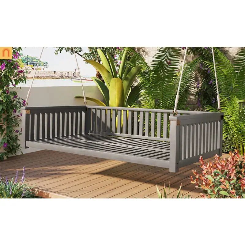 79-Inch Outdoor Acacia Wood Twin Swing Bed with Minimalist Rope Accents - Gray