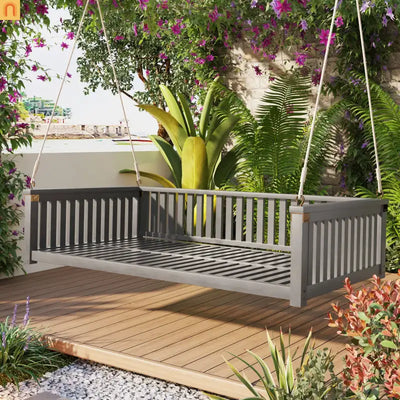 79-Inch Outdoor Acacia Wood Twin Swing Bed with Minimalist Rope Accents - Gray