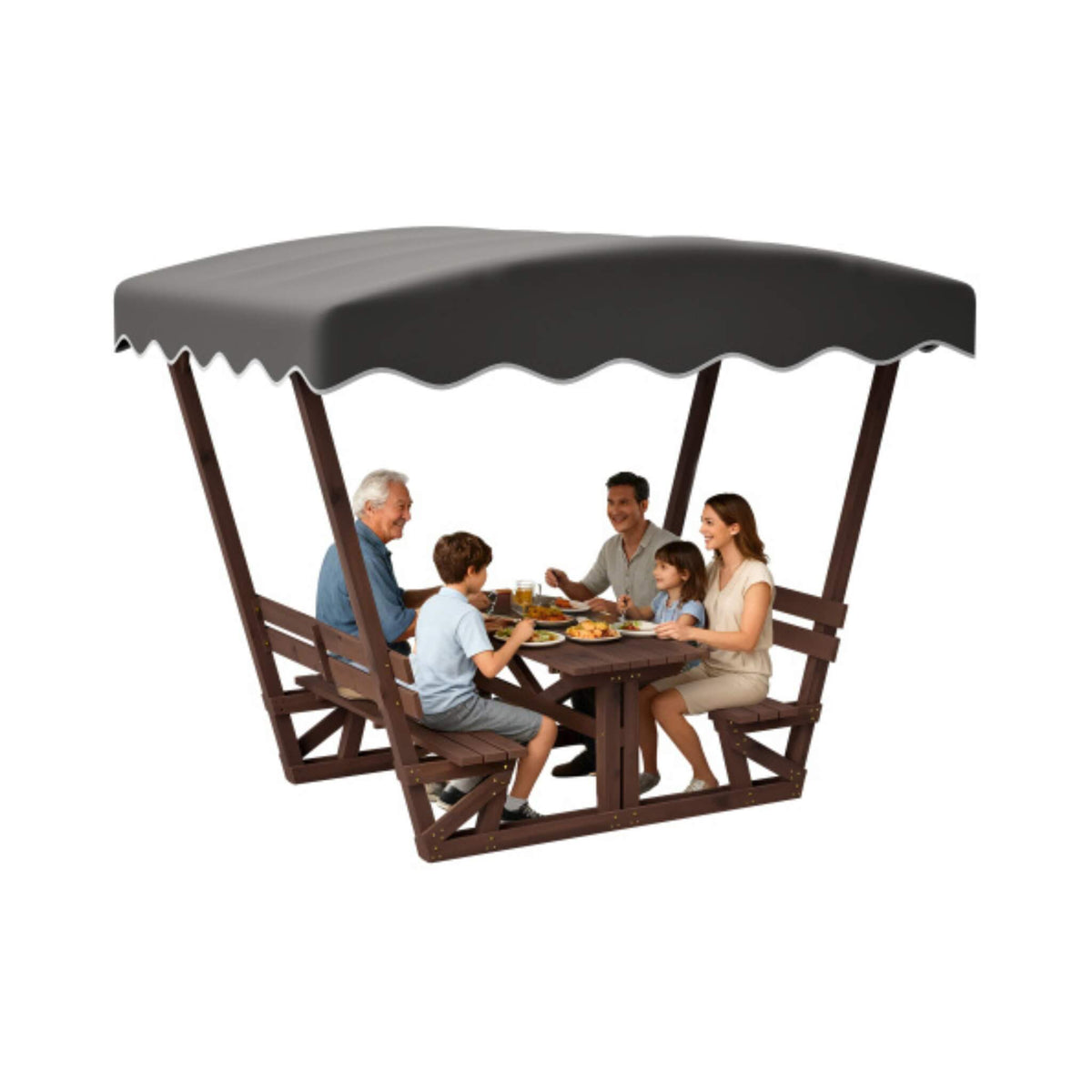 Outdoor Waterproof Wood Picnic Table And Bench Set With Removable Canopy (SAK87135)