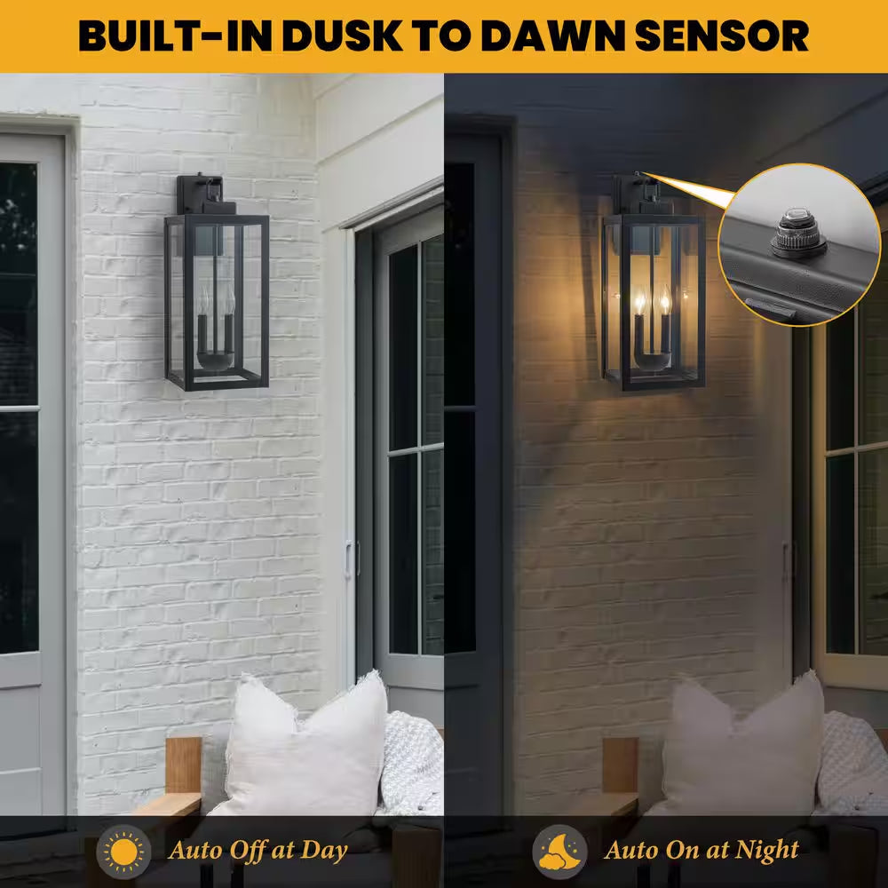 2-Light 20.25 In. Black Dusk to Dawn Outdoor Hardwired Wall Lantern Sconce with Clear Tempered Glass, No Bulbs Included