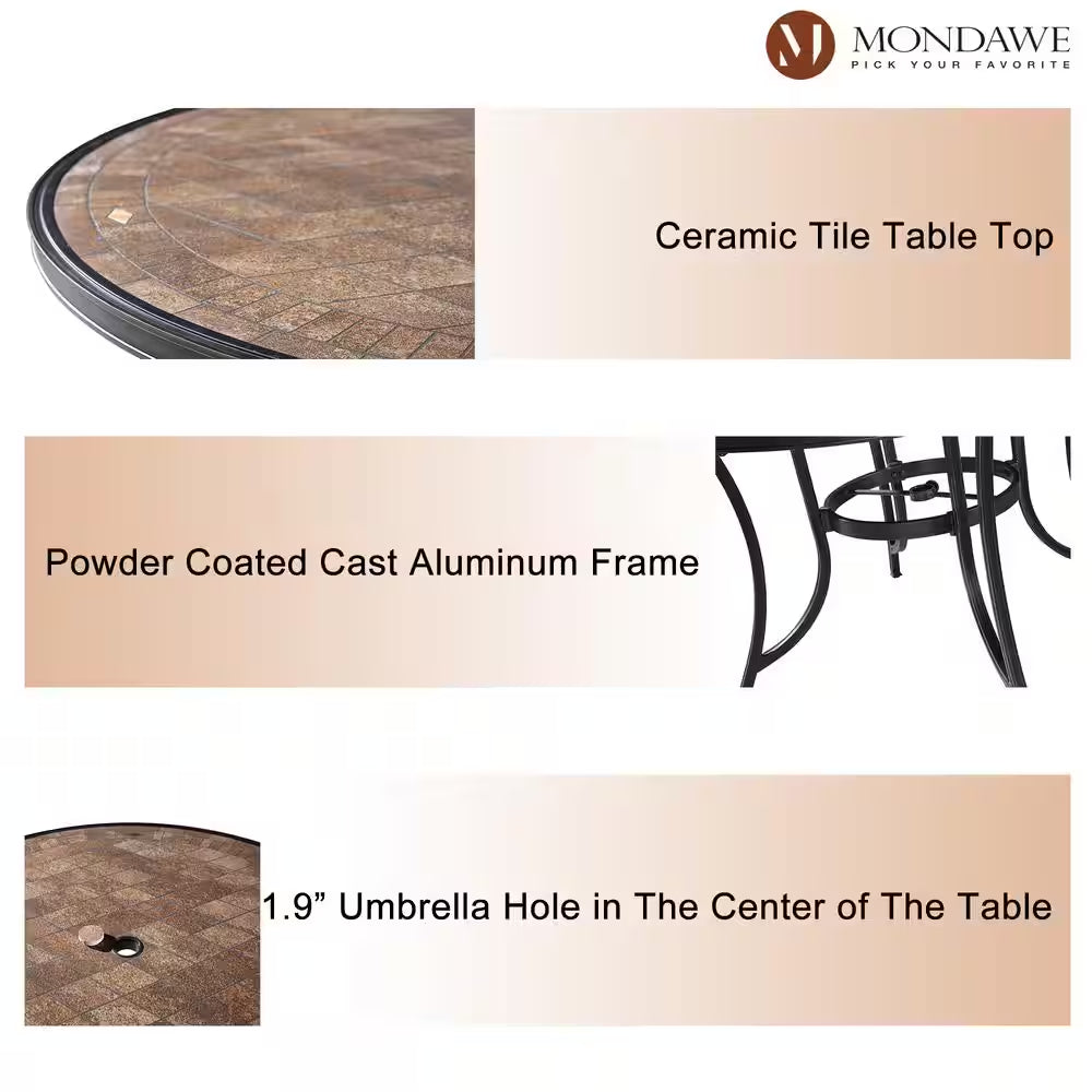 Classic 5-Piece Cast Aluminum Outdoor Dining Set with Swivel Sling Chairs & Ceramic Tile Top Table