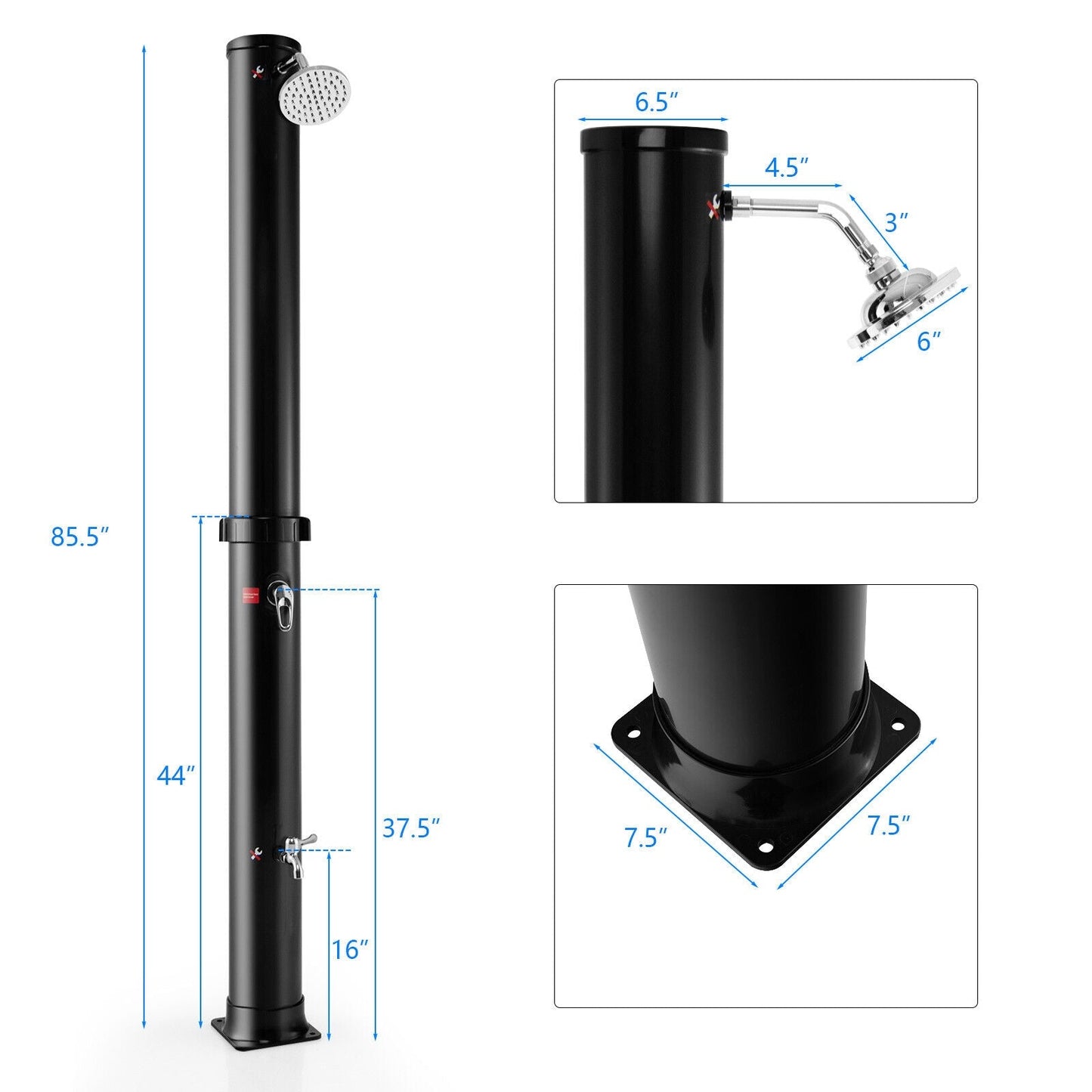 7.2-Foot Solar-Heated Outdoor Shower with 360° Rotating Shower Head & Foot Tap