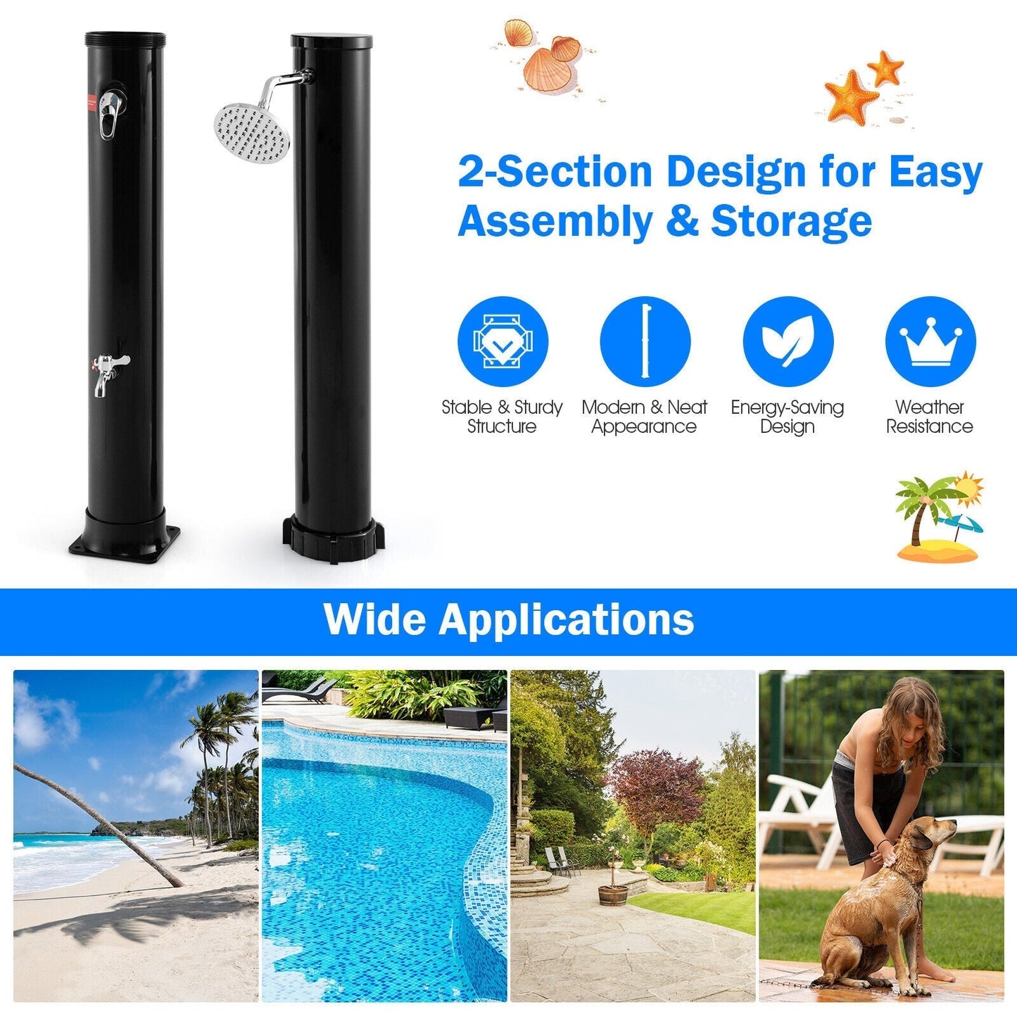 7.2-Foot Solar-Heated Outdoor Shower with 360° Rotating Shower Head & Foot Tap