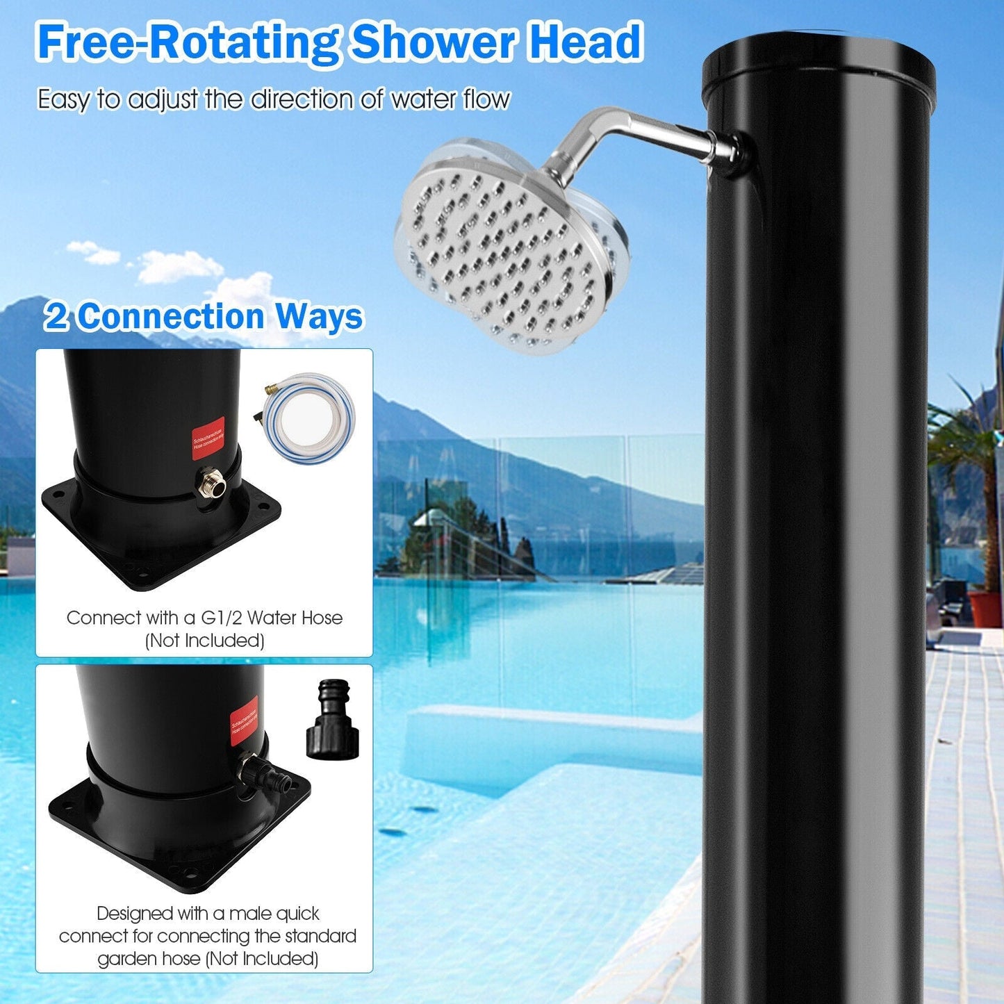 7.2-Foot Solar-Heated Outdoor Shower with 360° Rotating Shower Head & Foot Tap