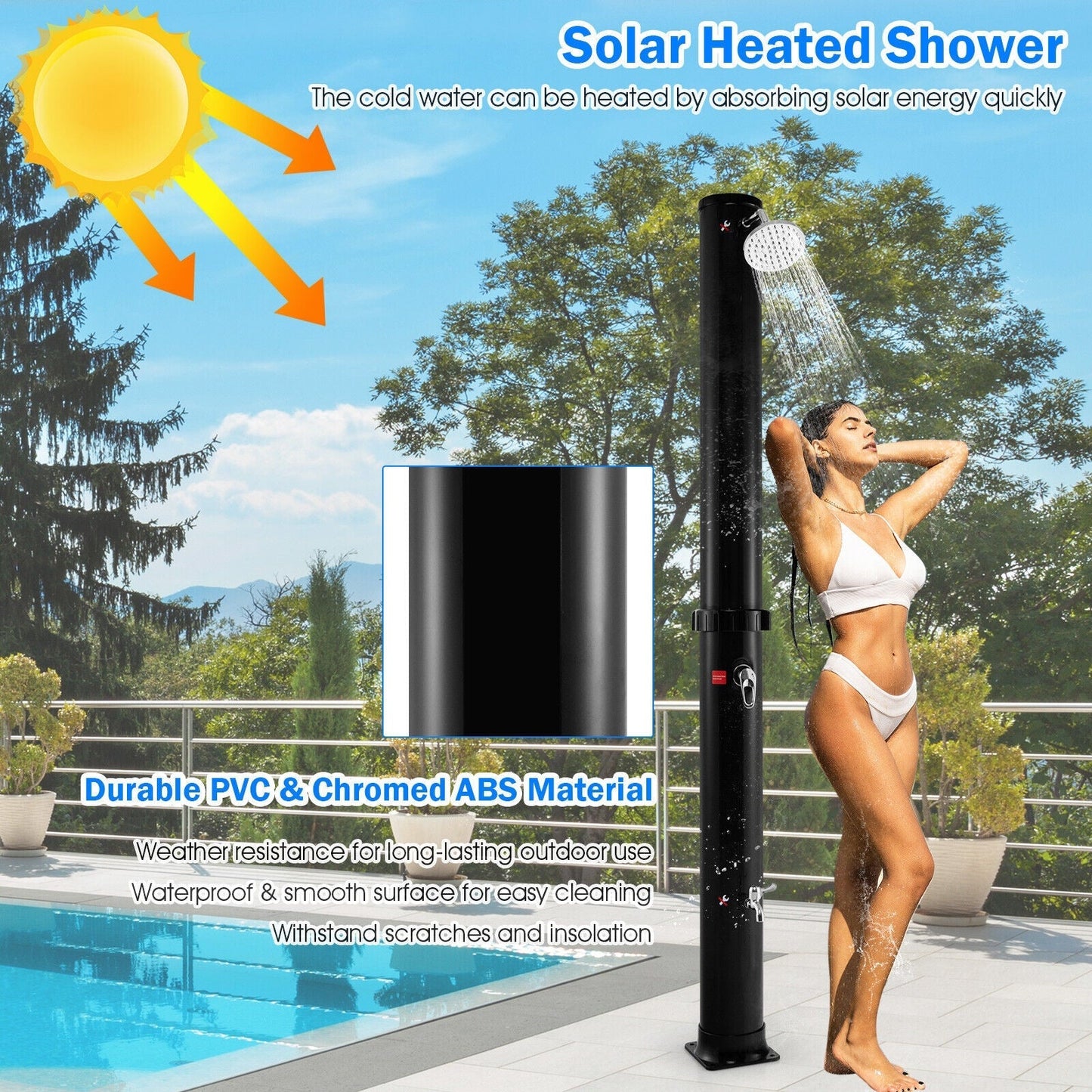 7.2-Foot Solar-Heated Outdoor Shower with 360° Rotating Shower Head & Foot Tap