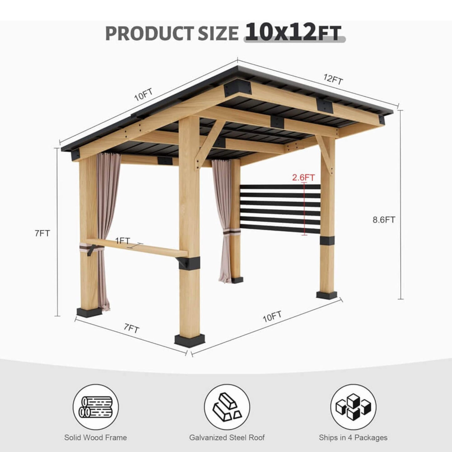 10ft X 12ft Alora Heavy-Duty Premium Outdoor All-Season Wooden Cedar Hardtop Gazebo (SAK57184)