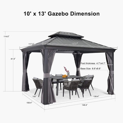 10ft X 13ft Alora Large Premium Outdoor Hardtop Aluminum Gazebo With Galvanized Steel Double Roof (SAK74826)