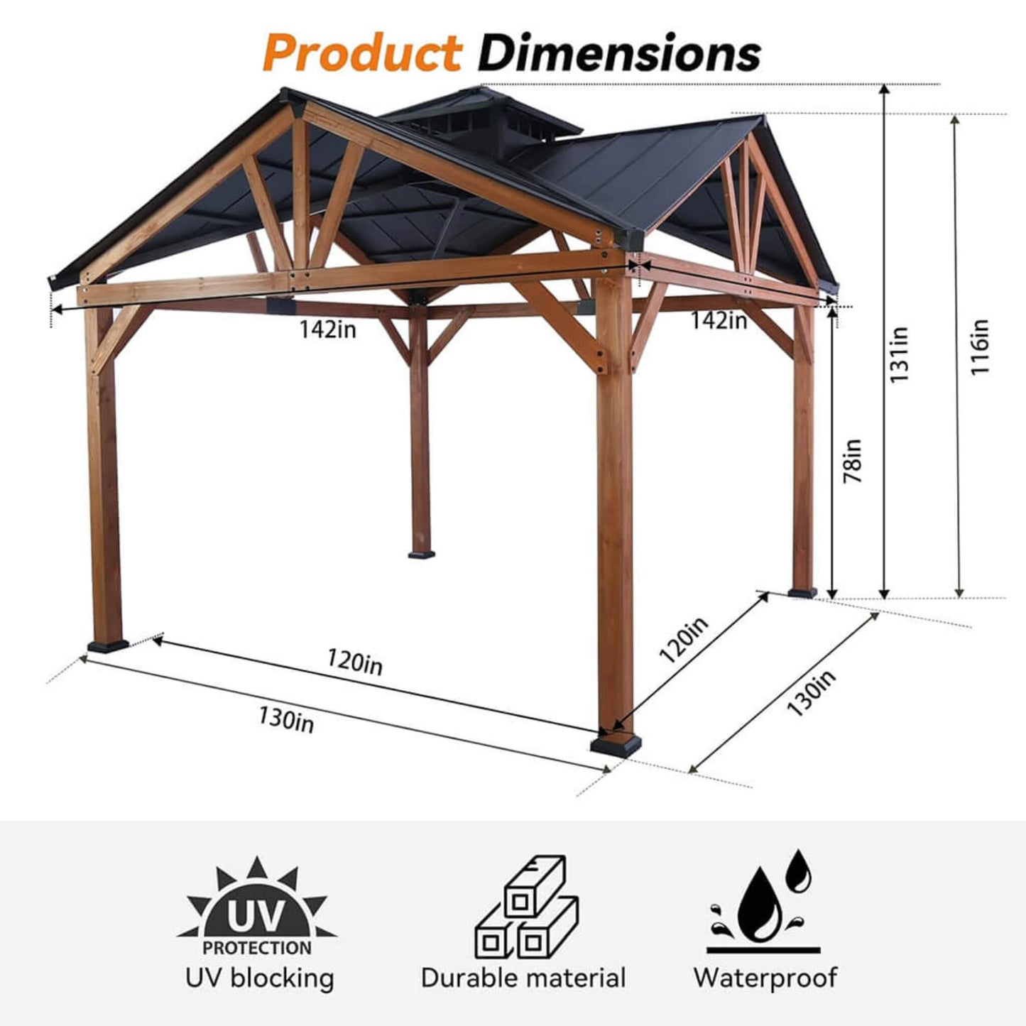 12ft X 12ft Alora Premium Outdoor Cedar Wood Hardtop Gazebo (SAK31864)