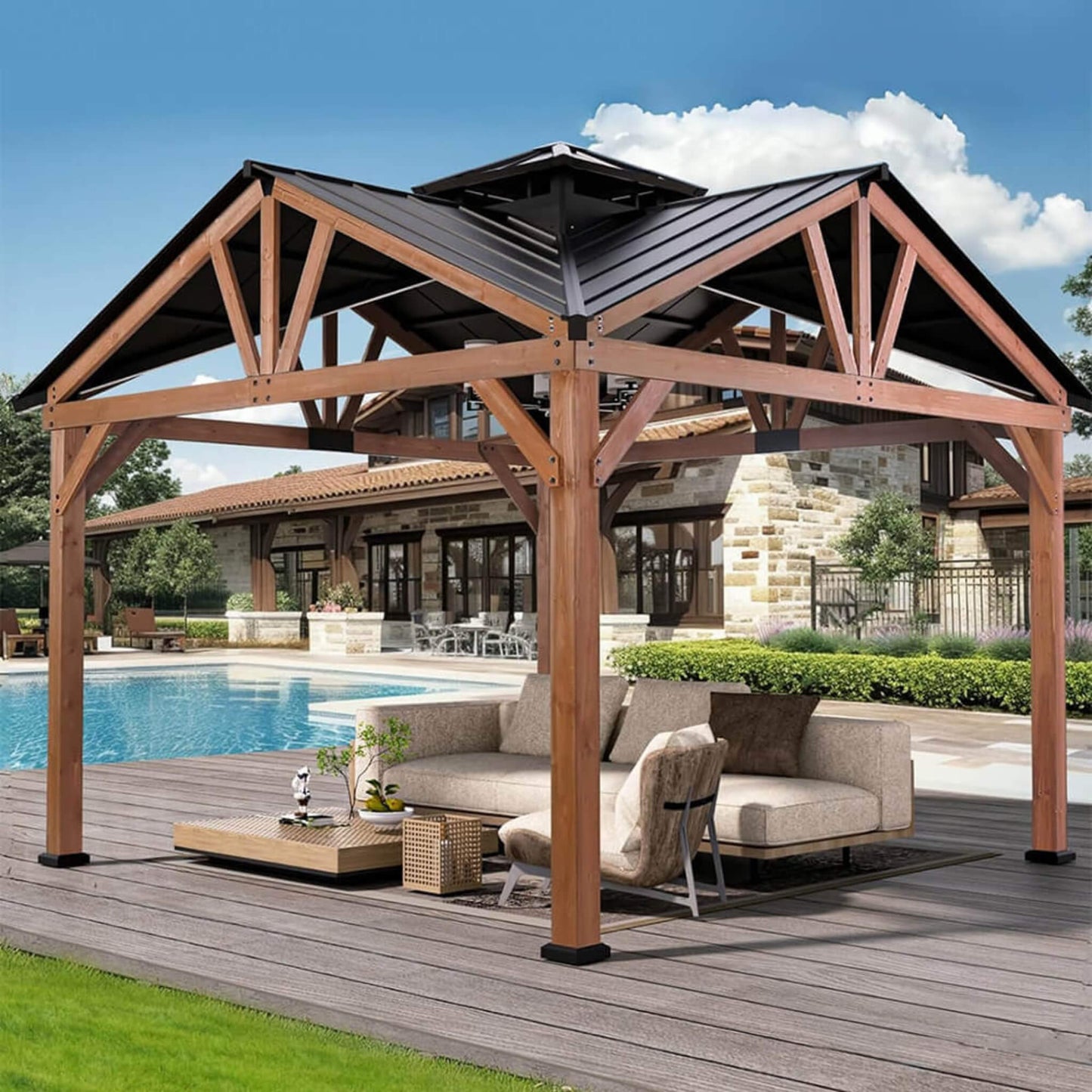 12ft X 12ft Alora Premium Outdoor Cedar Wood Hardtop Gazebo (SAK31864)