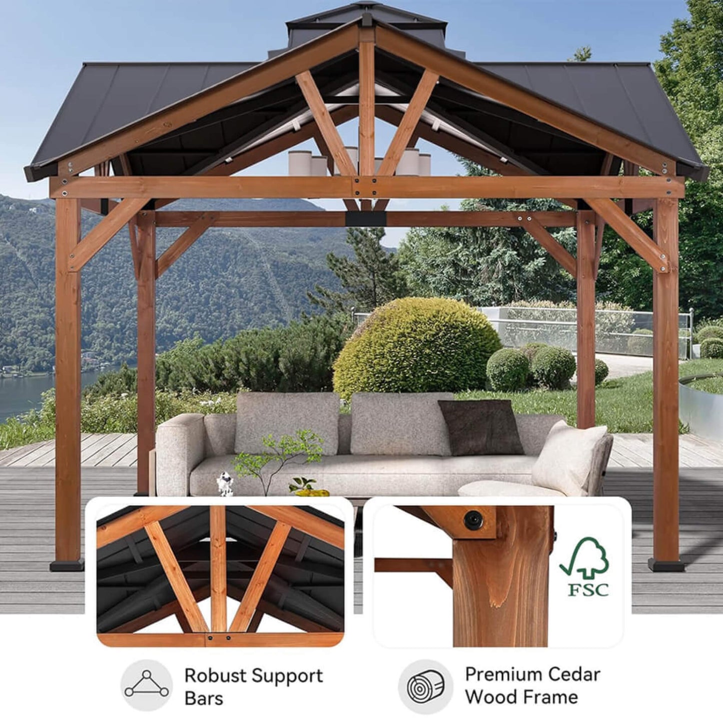 12ft X 12ft Alora Premium Outdoor Cedar Wood Hardtop Gazebo (SAK31864)
