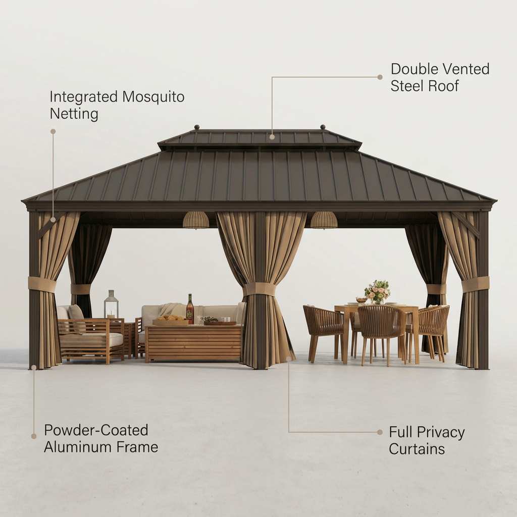 14 Ft. X 20 Ft. Double Galvanized Steel Roof Aluminum Frame Outdoor Patio Hardtop Gazebo with Netting and Curtains — Lifestyle