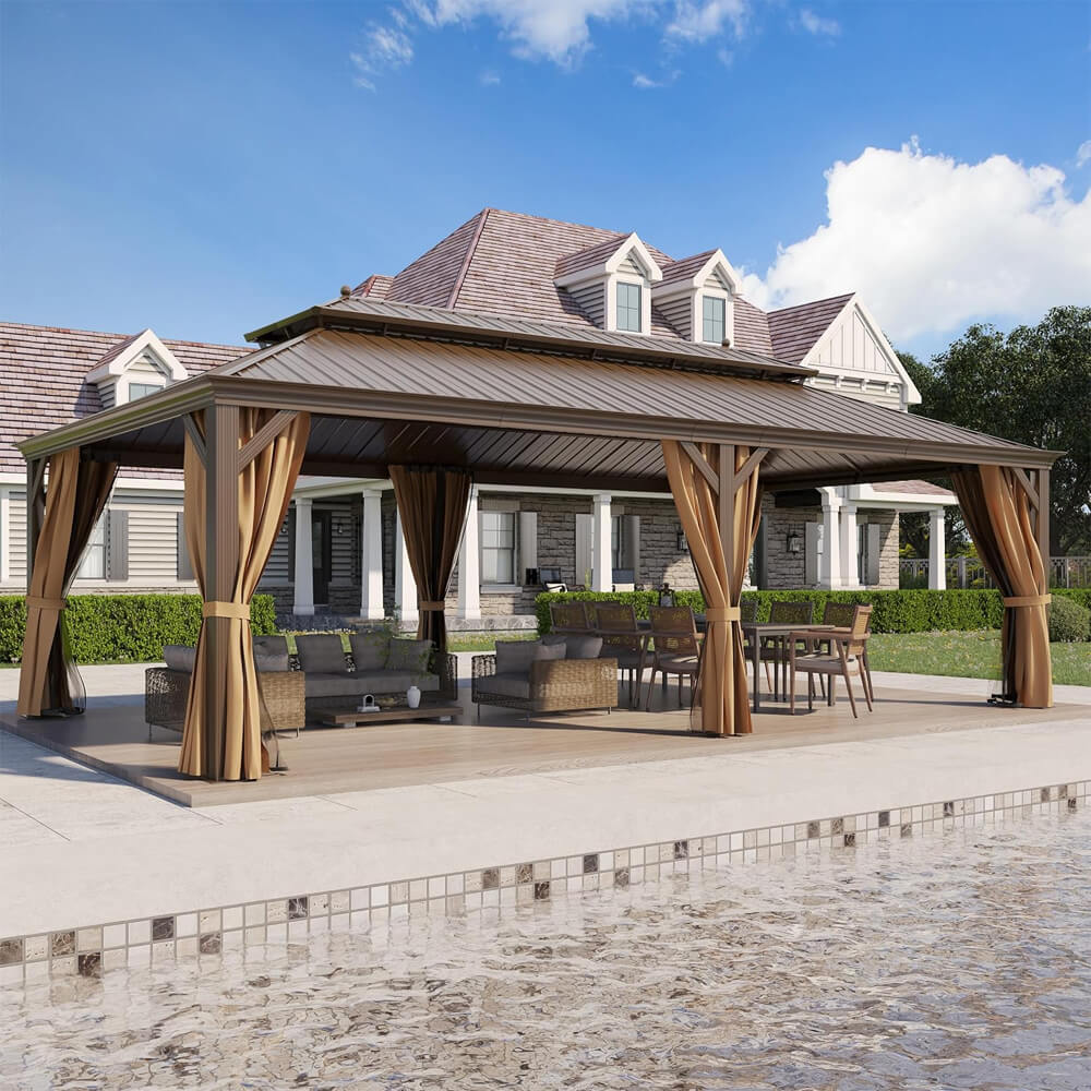 14ft X 24ft Alora Heavy-Duty Aluminum Galvanized Steel Double Roof Hardtop Gazebo With Netting And Curtains (SAK41853)