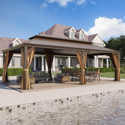 14ft X 24ft Alora Heavy-Duty Aluminum Galvanized Steel Double Roof Hardtop Gazebo With Netting And Curtains (SAK41853)