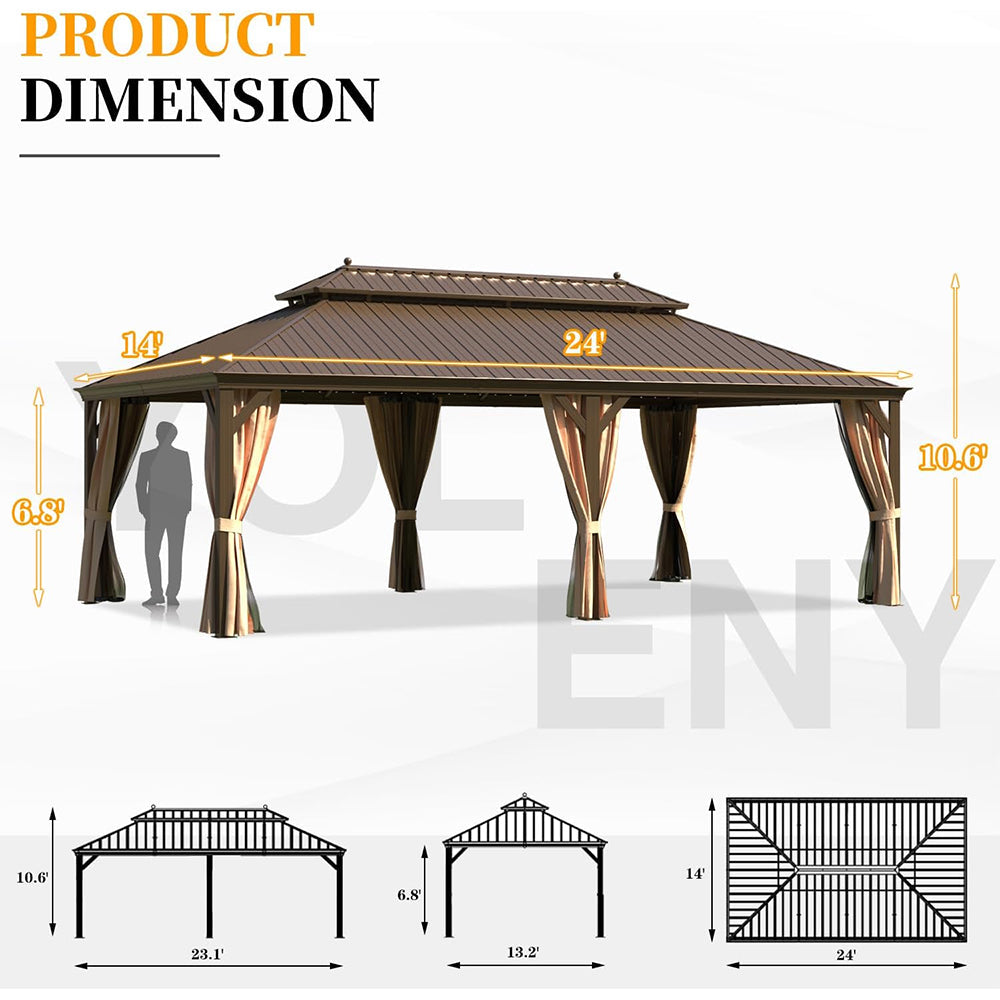 14ft X 24ft Alora Heavy-Duty Aluminum Galvanized Steel Double Roof Hardtop Gazebo With Netting And Curtains (SAK41853)
