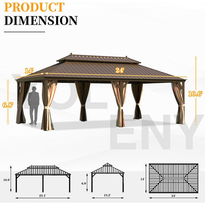 14ft X 24ft Alora Heavy-Duty Aluminum Galvanized Steel Double Roof Hardtop Gazebo With Netting And Curtains (SAK41853)