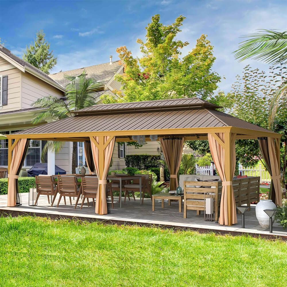 14ft X 24ft Alora Heavy-Duty Aluminum Galvanized Steel Double Roof Hardtop Gazebo With Netting And Curtains (SAK41853)