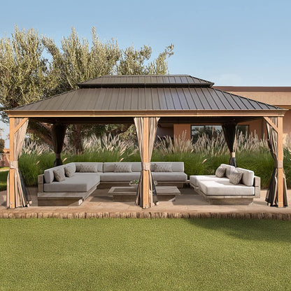 14ft X 24ft Alora Heavy-Duty Aluminum Galvanized Steel Double Roof Hardtop Gazebo With Netting And Curtains (SAK41853)