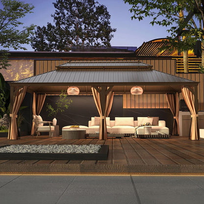 14ft X 24ft Alora Heavy-Duty Aluminum Galvanized Steel Double Roof Hardtop Gazebo With Netting And Curtains (SAK41853)