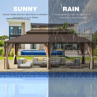14ft X 24ft Alora Heavy-Duty Aluminum Galvanized Steel Double Roof Hardtop Gazebo With Netting And Curtains (SAK41853)
