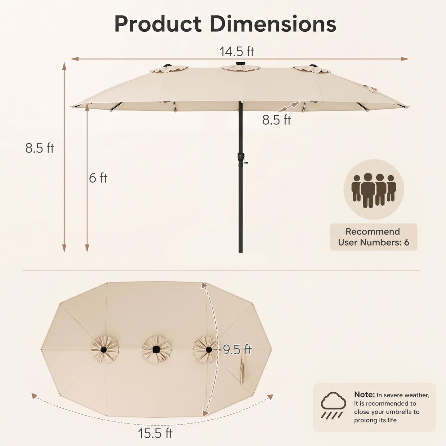 Double-Sided Solar LED Patio Umbrella 15.5 x 9.5 ft