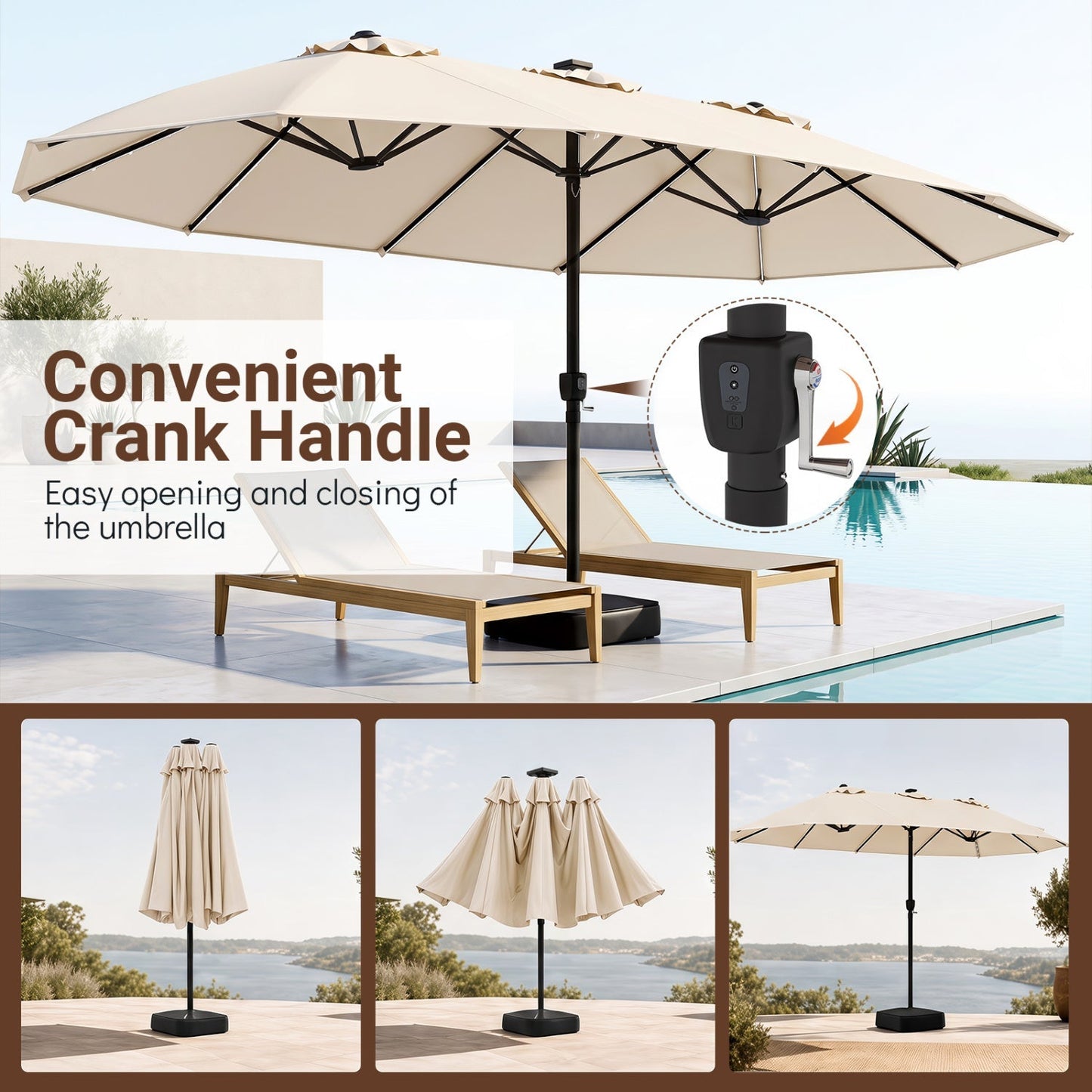 Double-Sided Solar LED Patio Umbrella 15.5 x 9.5 ft