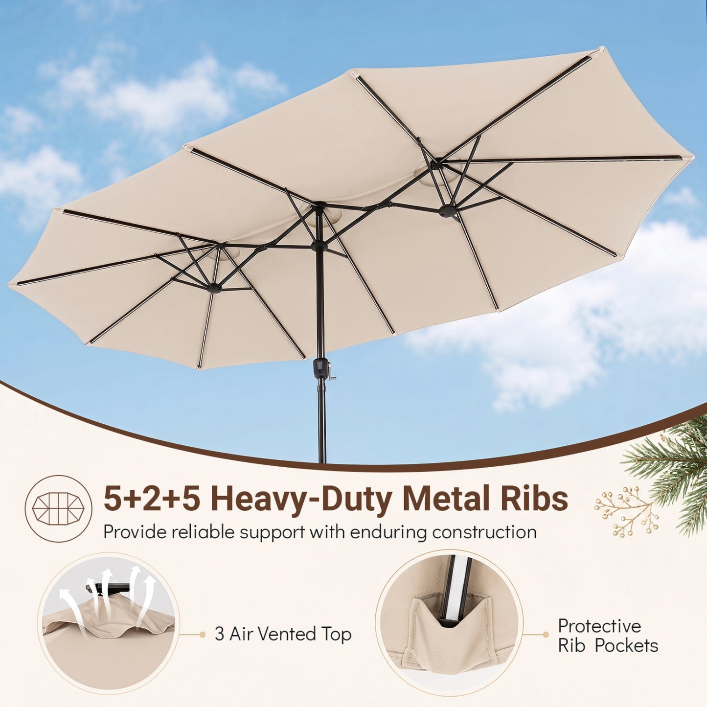 Double-Sided Solar LED Patio Umbrella 15.5 x 9.5 ft