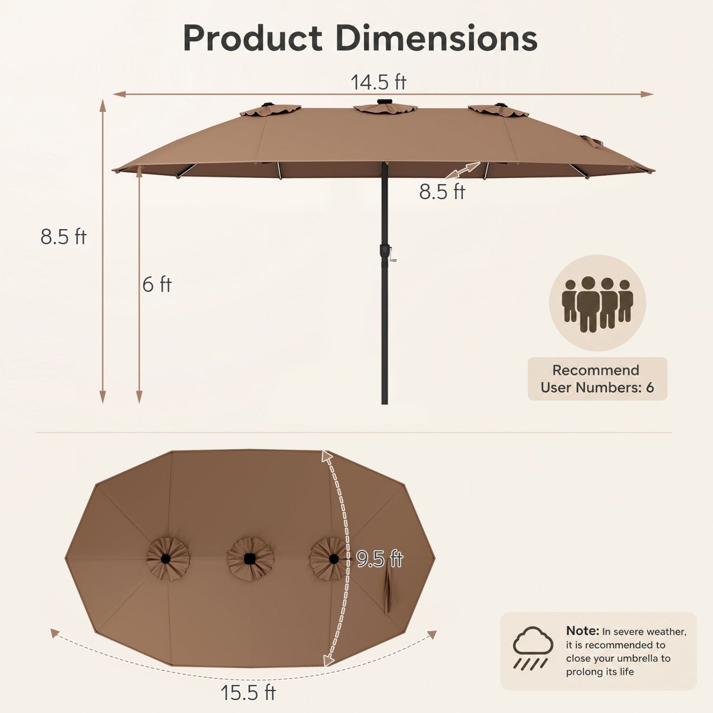 Double-Sided Solar LED Patio Umbrella 15.5 x 9.5 ft