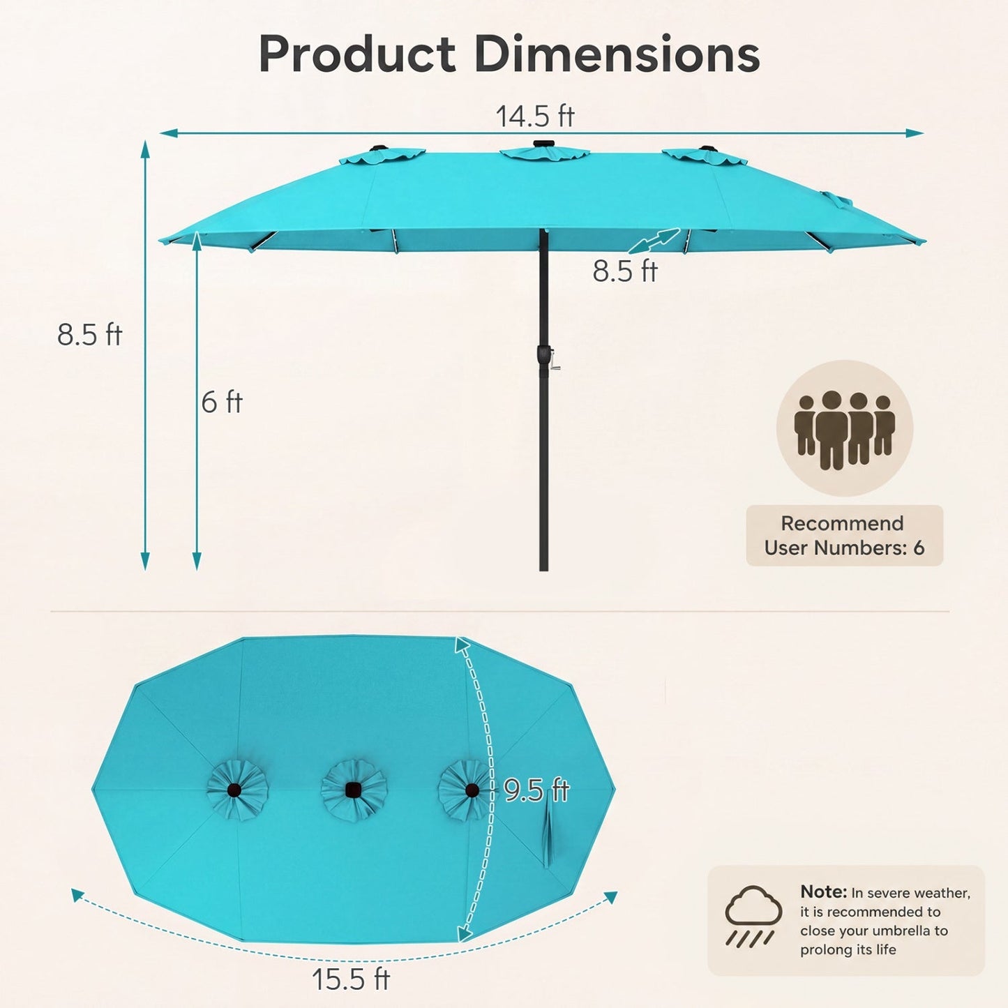 Double-Sided Solar LED Patio Umbrella 15.5 x 9.5 ft