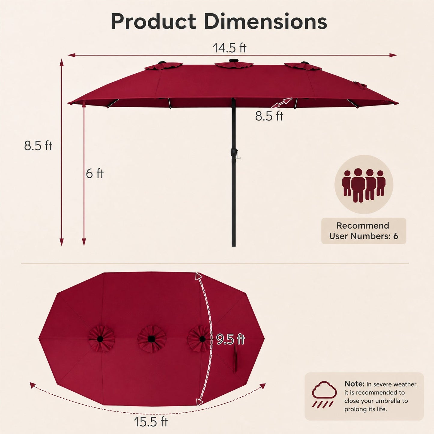 Double-Sided Solar LED Patio Umbrella 15.5 x 9.5 ft