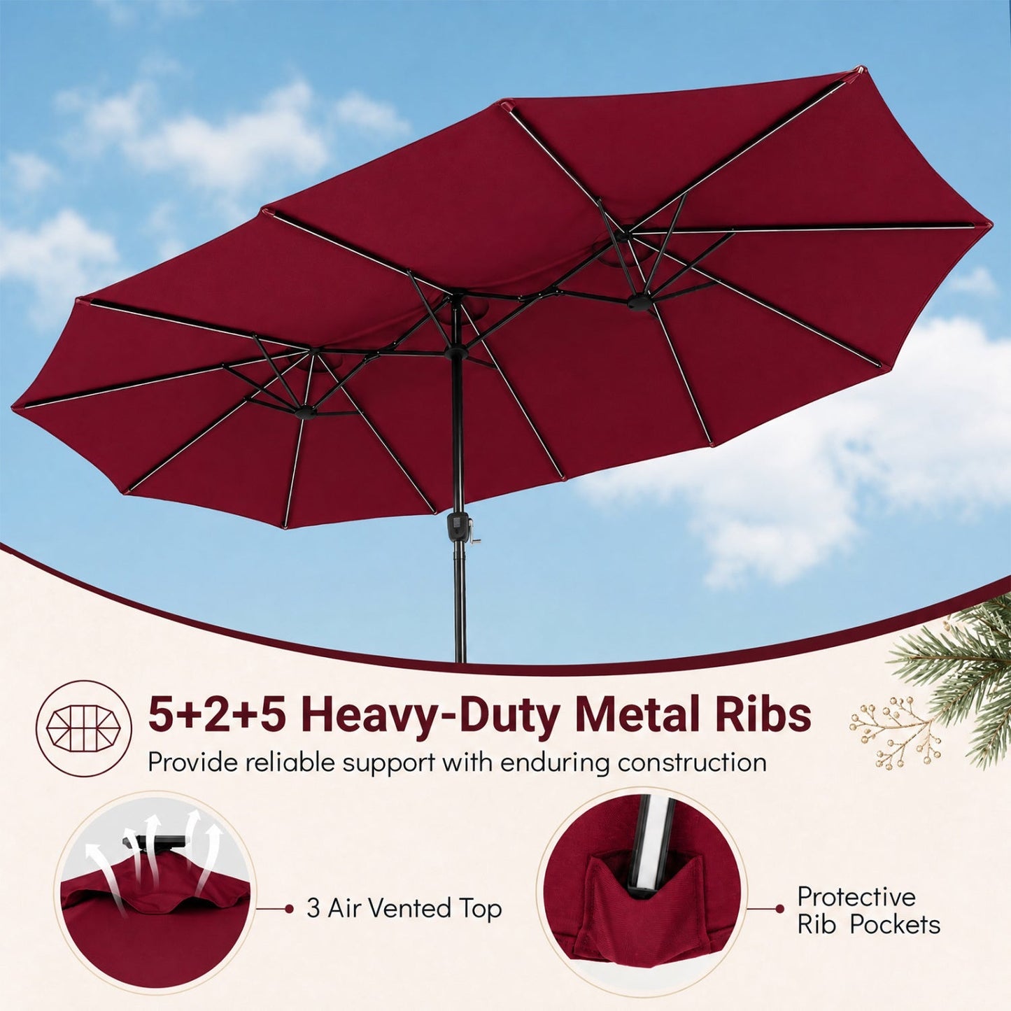 Double-Sided Solar LED Patio Umbrella 15.5 x 9.5 ft