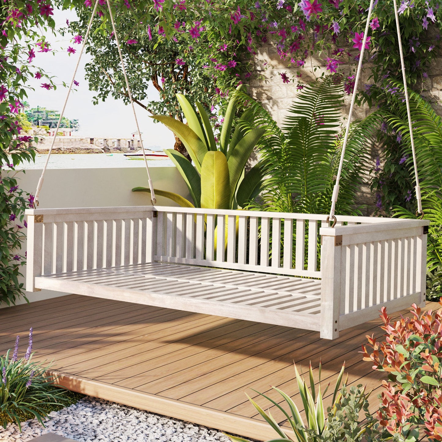 79-Inch Outdoor Acacia Wood Twin Swing Bed with Minimalist Rope Accents - Classic White