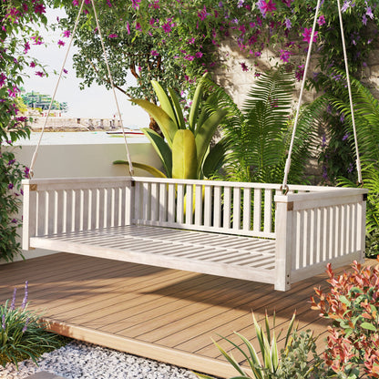 79-Inch Outdoor Acacia Wood Twin Swing Bed with Minimalist Rope Accents - Classic White