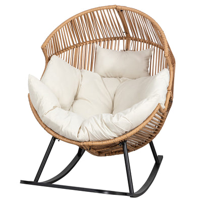 Rocking Egg Chairs Outdoor Patio Wicker Oversized Egg Shell Lounger Lawn Chair with Cushion for Indoor outside Porch Balcony Backyard, Original Wood Color Rattan Beige Cushion