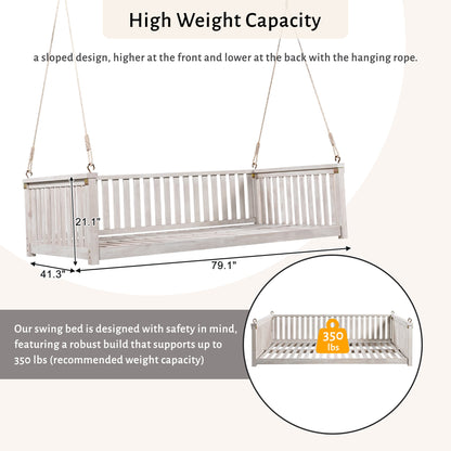 79-Inch Outdoor Acacia Wood Twin Swing Bed with Minimalist Rope Accents - Classic White