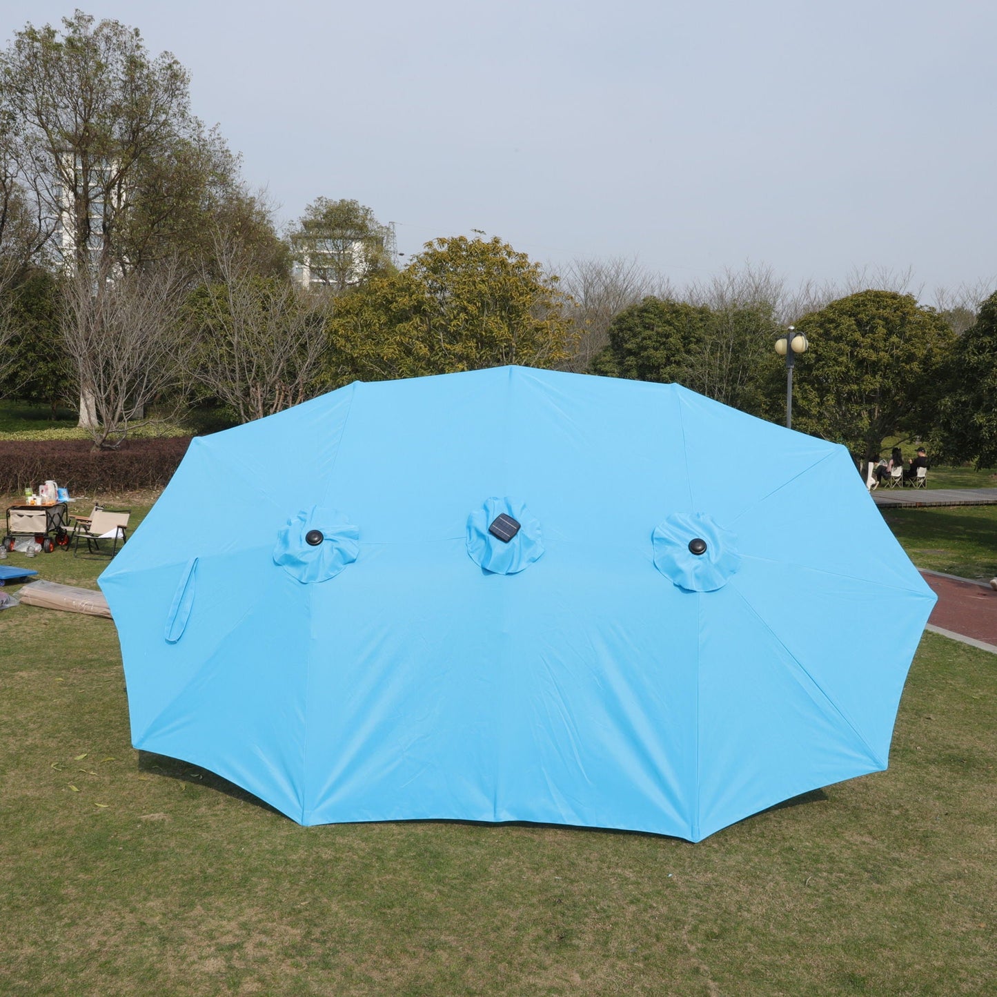 15ft x 9ft Extra-Large Double-Sided Solar LED Market Patio Umbrella with Cross Base
