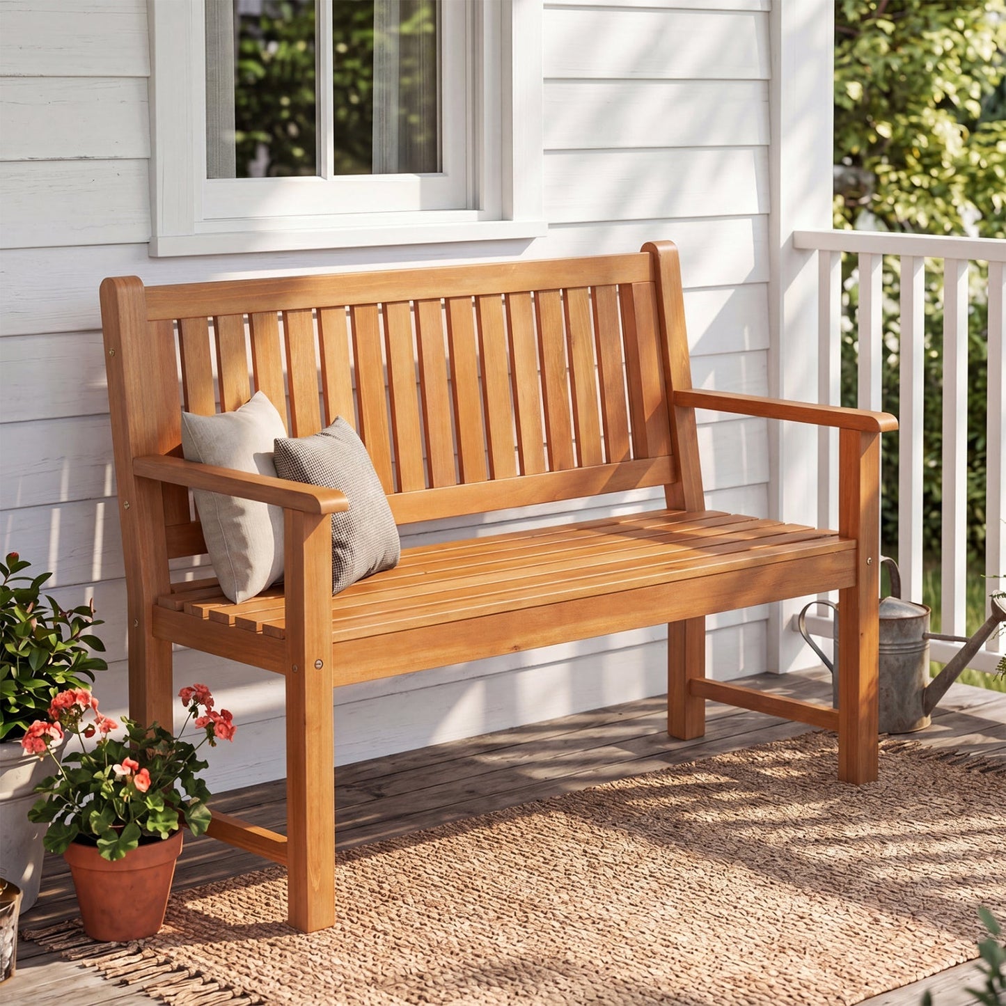 2-Seater Wooden Outdoor Bench with Backrest and Armrests