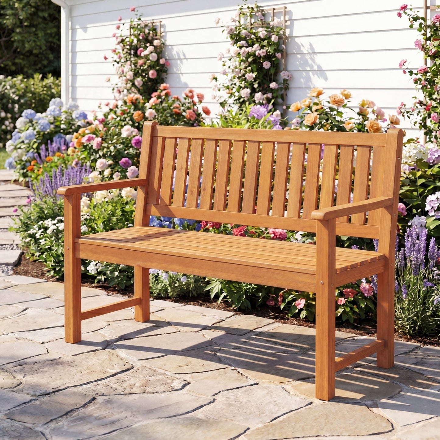 2-Seater Wooden Outdoor Bench with Backrest and Armrests