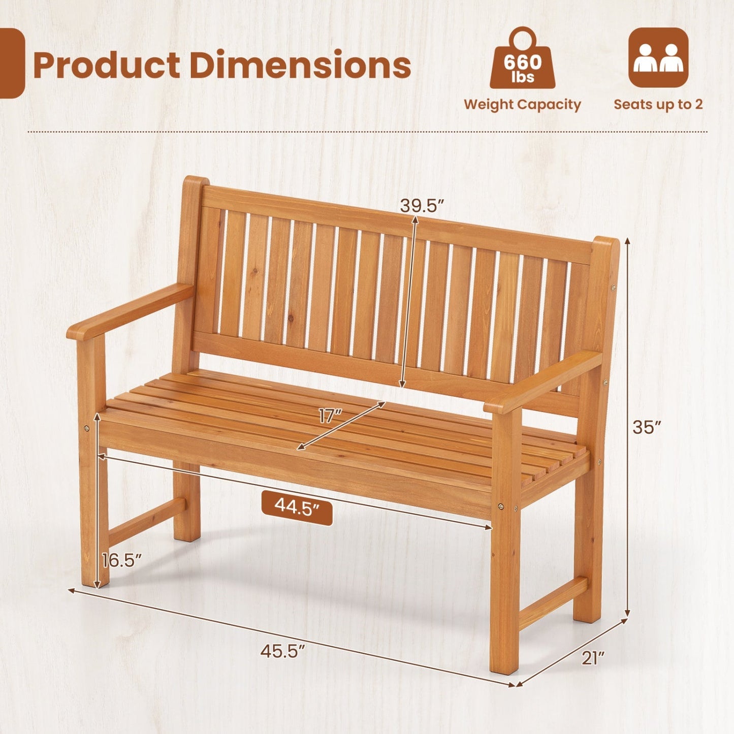 2-Seater Wooden Outdoor Bench with Backrest and Armrests