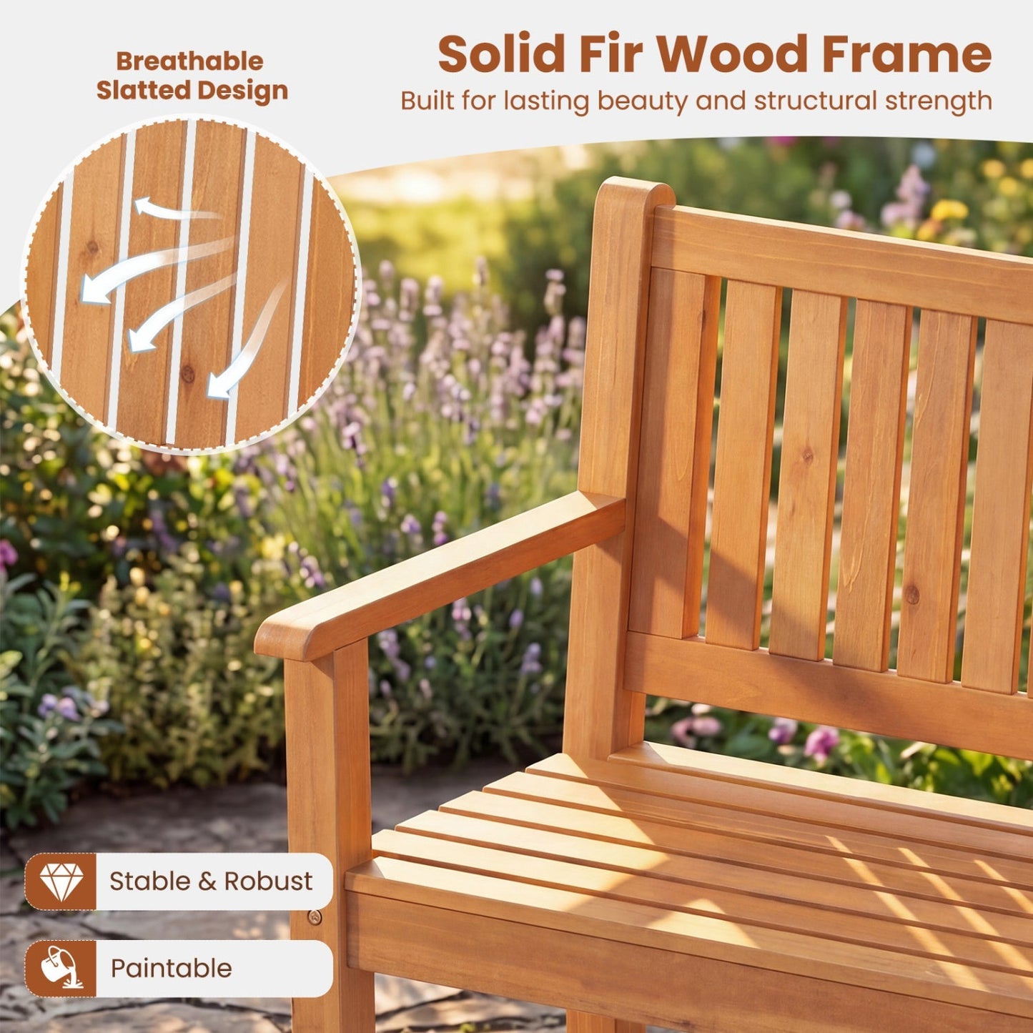 2-Seater Wooden Outdoor Bench with Backrest and Armrests