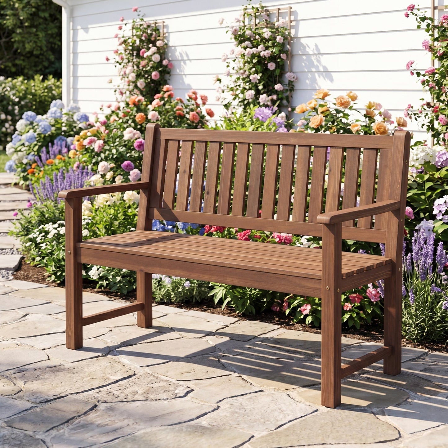2-Seater Wooden Outdoor Bench with Backrest and Armrests