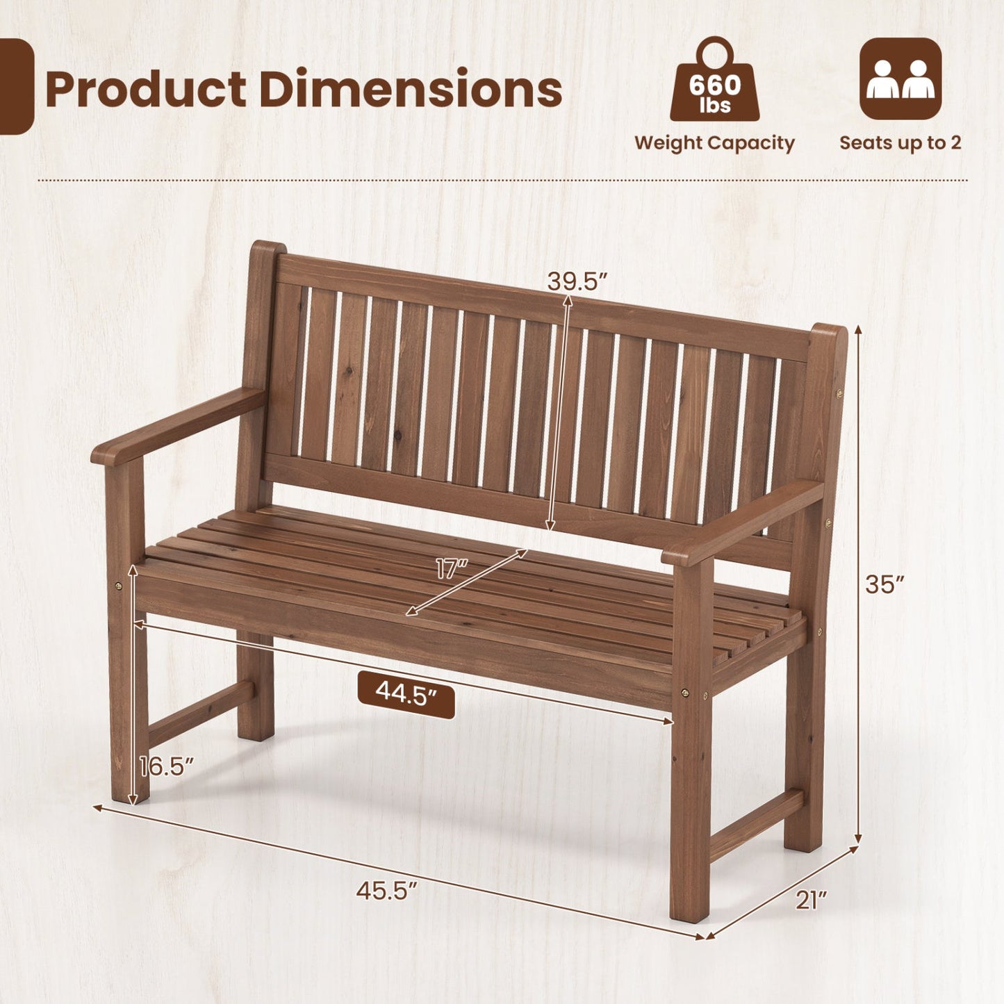 2-Seater Wooden Outdoor Bench with Backrest and Armrests