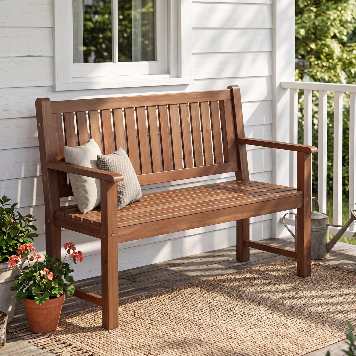 2-Seater Wooden Outdoor Bench with Backrest and Armrests