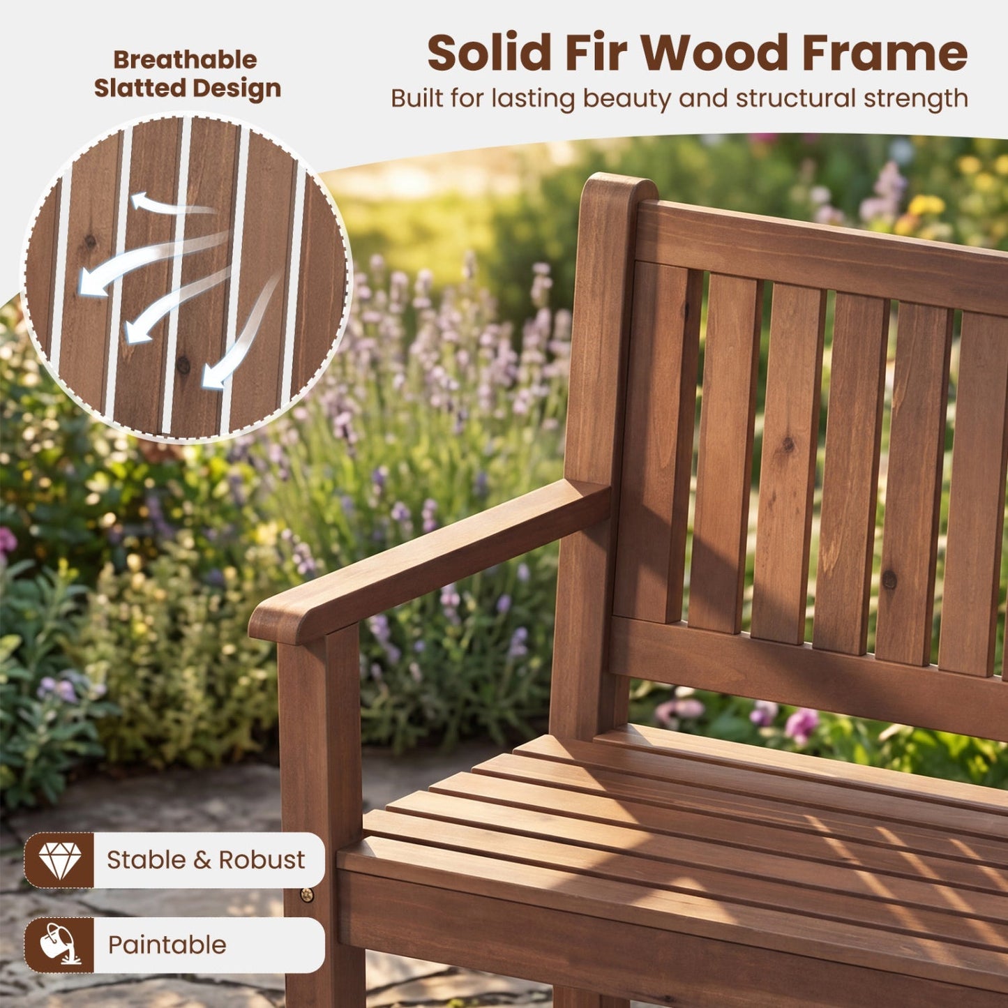2-Seater Wooden Outdoor Bench with Backrest and Armrests