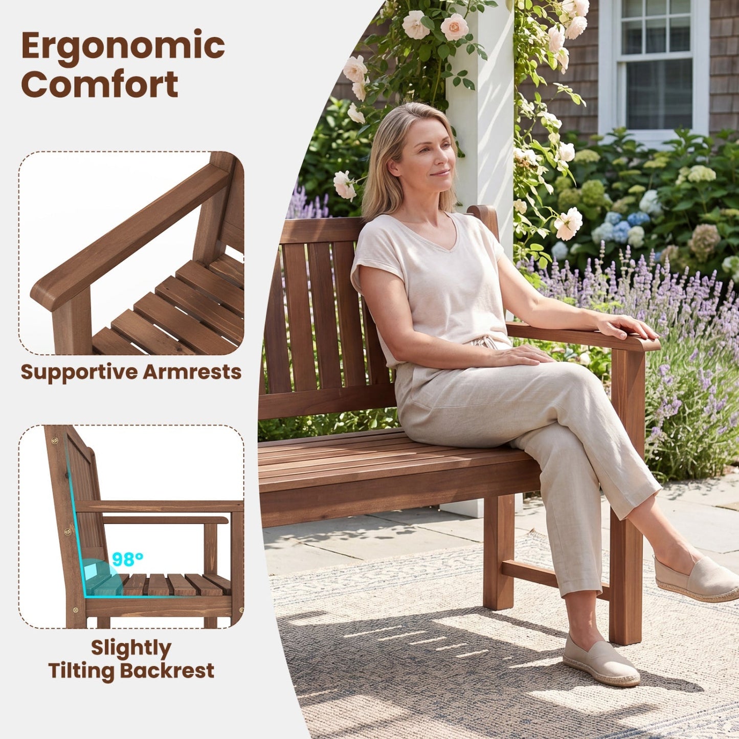 2-Seater Wooden Outdoor Bench with Backrest and Armrests