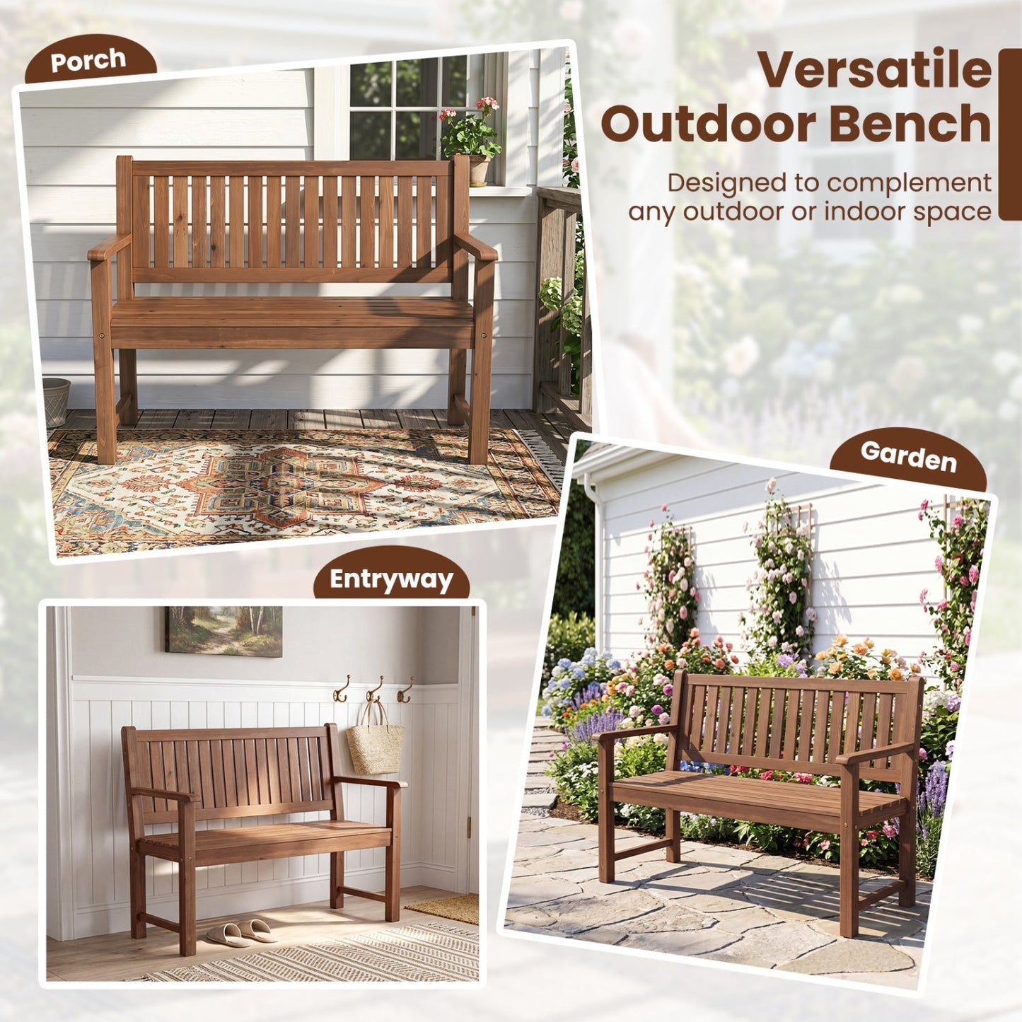 2-Seater Wooden Outdoor Bench with Backrest and Armrests